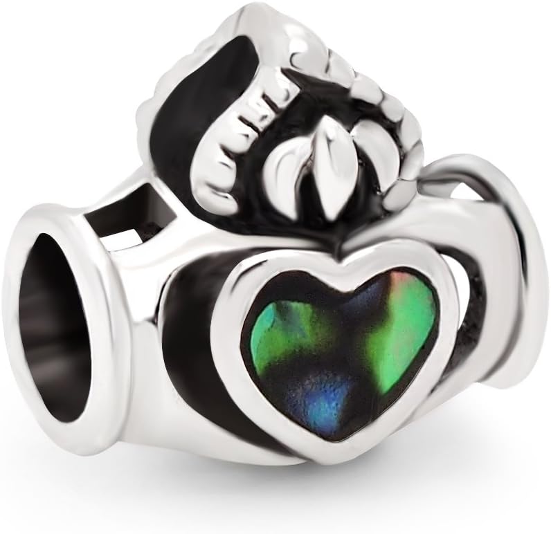 925 Sterling Silver Natural Abalone Shell Inlay Claddagh Heart Love Symbol Bead Charm Fits Pandora Bracelet