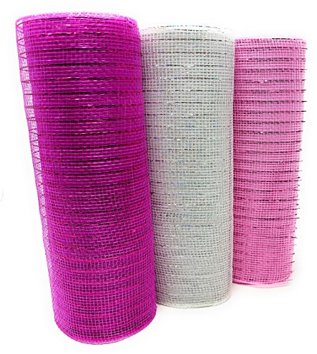 Valentine's Day Pretty Pinks 10" Wide, 10 Yard Decorative Mesh Rolls (Fuchsia, White, Pink) for Crafting Wire Wreaths