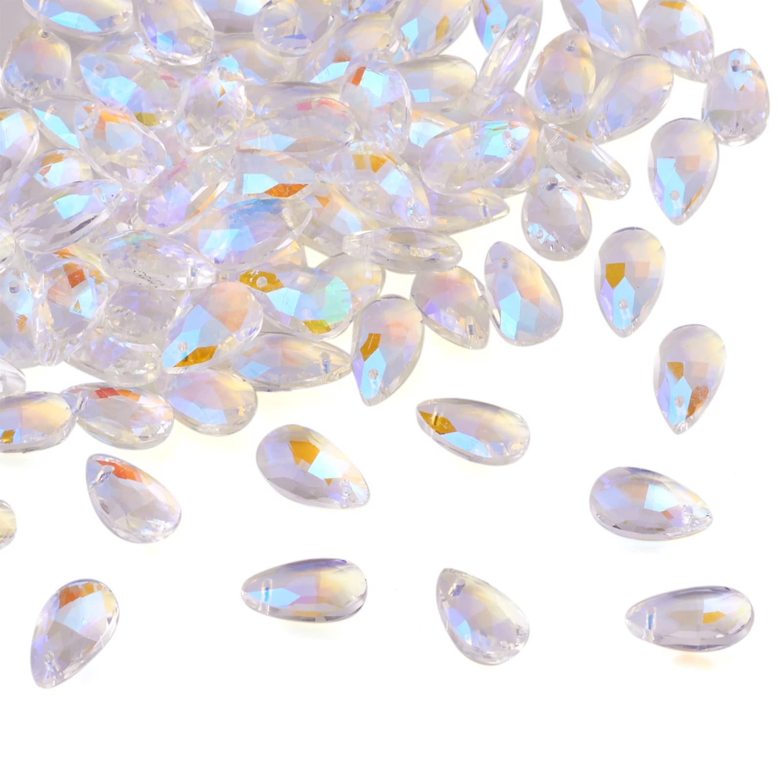 Beadthoven 100pcs Teardrop Glass Beads AB Color Faceted Dorp Crystal Beads Top Drilled Dangle Pendants for Jwewelry Making Chandelier Home Hanging Decor, Hole: 1mm