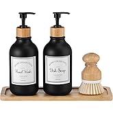 Zopeal 4 Pcs 16 oz Kitchen Soap Dispenser Set with Bamboo Tray and Dish Brush Plastic Soap Dispenser Set with Waterproof Labels for Hand Dish Lotion(Frosted Black)
