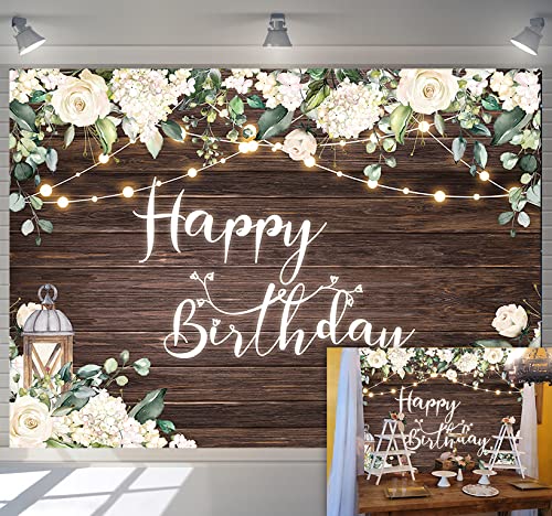 Happy Birthday Backdrop Floral Wooden White Flowers Photography Background Baby Shower Party Decoration Banner Studio Photo Booth Props (7x5FT)