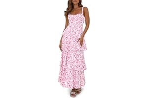Wenrine Womens Summer Floral Maxi Dresses Sleeveless Spaghetti Strap Tie Back Ruffle Tiered Flowy Dresses