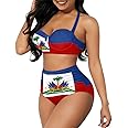 GLUDEAR Women Haitian Flag Print High Waisted Bikini Set Two Piece Tummy Control Vintage Swimsuit Halter Bathing Suit