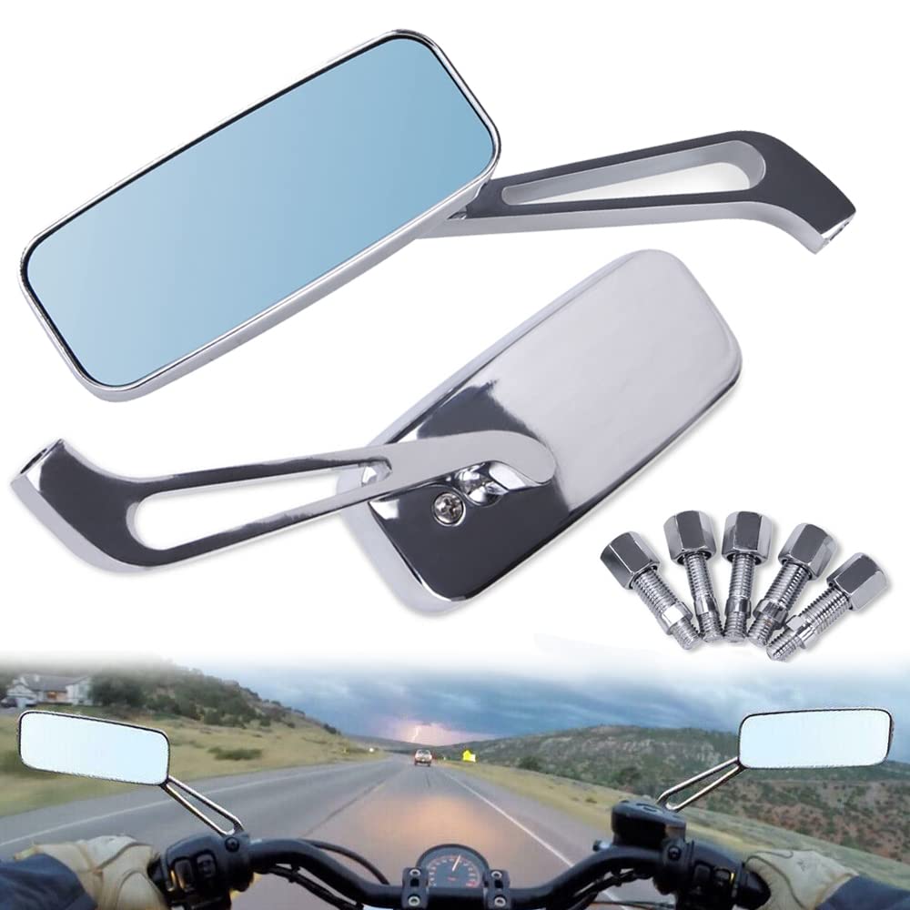 Photo 1 of OUMURS Motorcycle Rear View Mirror 8mm/10mm Rectangle Chrome Square Convex Smoke Blue Glass Handlebar Side Mirrors, Fit for Harley Honda Suzuki ATV Scooter Bobber Cruiser Chopper