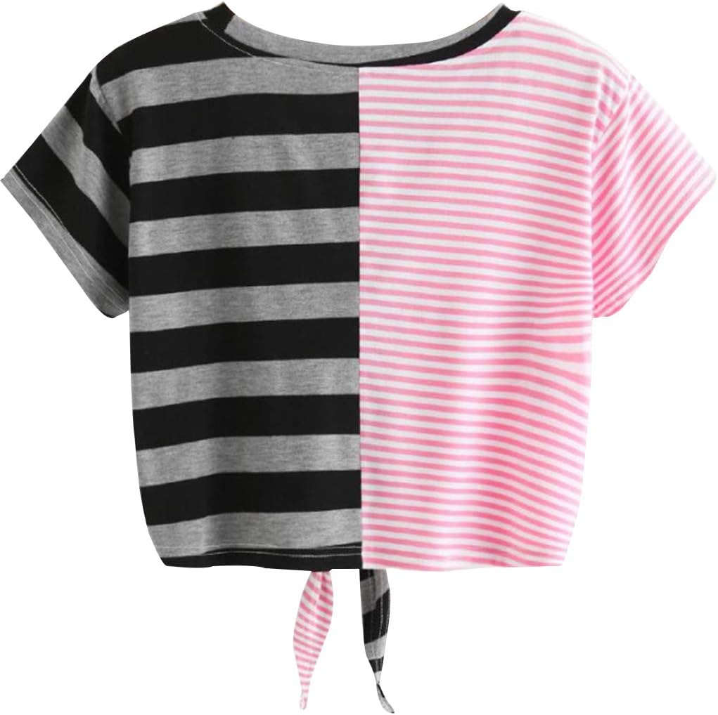 Women Teen Girls Striped Cute Crop Top Tie up Knot Belly Shirt Summer Tee T-Shirt Blouse Sale
