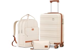 imiomo Hard Shell 20 Inch Carry on Luggage 3 Piece Set with Travel Backpack, Lightweight Hardside Carry-On Suitcase with Spinner Wheels and TSA Lock, Beige