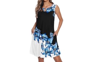ELESCAT Summer Dresses for Women Casual Sleeveless Sundress Floral Loose Fit Beach Cover Up with Pocket