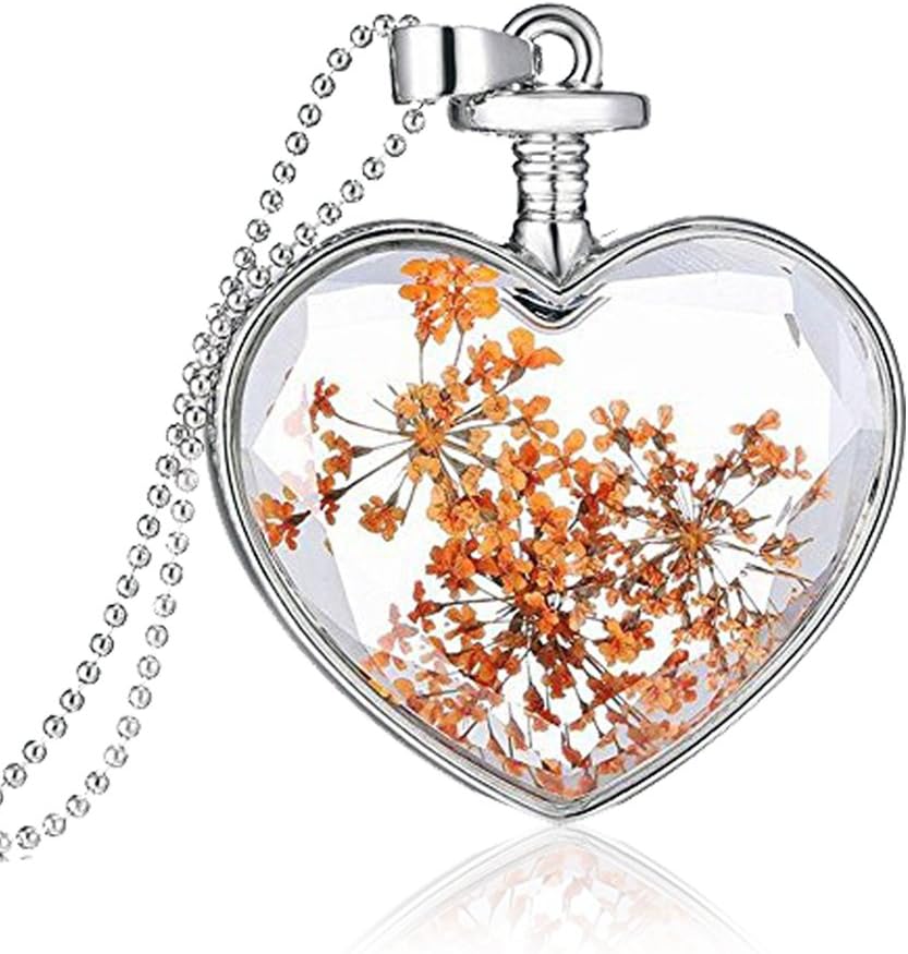Rosimall Queen Anne's Lace Forget Me Not Real Dry Flower Heart Glass Bottle Pendant Necklace Gift