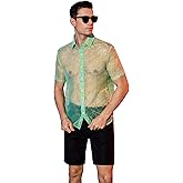 WDIRARA Men's Sheer Ombre Button Down Short Sleeve Organza Party Disco Shirt Top