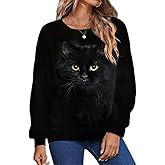 ShallWe Women's Black Cute Cat Sweatshirts Pullover Crewneck Lightweight shirts Novelty Casual Tunics Tops Fashion Spring, Medium