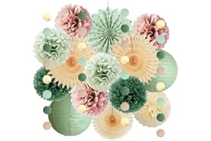 FETETIJD Sage Green and Dusty Rose Party Decorations Paper Lanterns Sage Green and Dusty Pink Party Decorations Retro Olive Cream Poms Beige Fans for Boho Birthday Baby Shower Bridal Shower Wedding Engagement