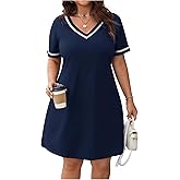 Verdusa Women's Plus Size A Line T Shirt Dress Short Sleeve V Neck Tunic Dresses Casual Outfits