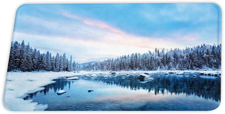 Schneebedeckte Bergwaldbäume Seelandschaft Korallensamt-Badteppiche