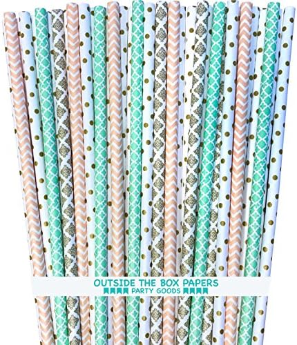 Paper Straws - Mint Green Peach Gold - Damask Polka Dot - 7.75 Inches - 100 Pack