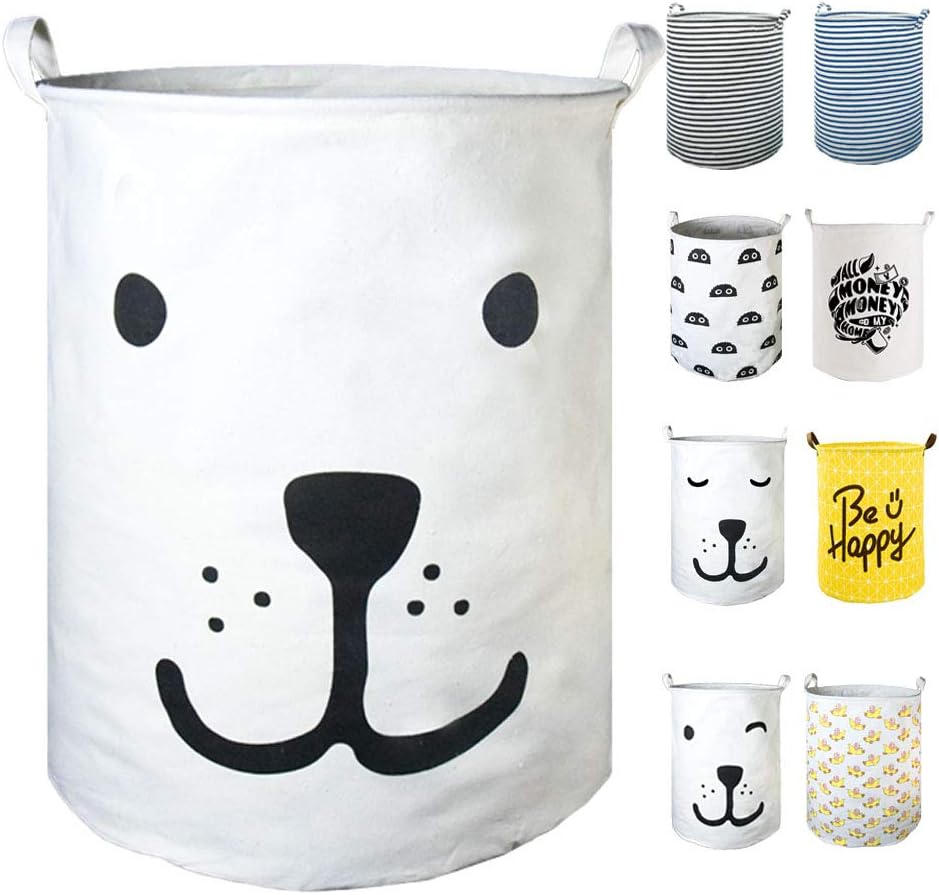 SEAFOWL 19.7inch Collapsible Laundry Basket,Round Canvas Waterproof Large Clothes Basket， Cute Cartoon Nursery Toy Basket。 (Happy Dog)