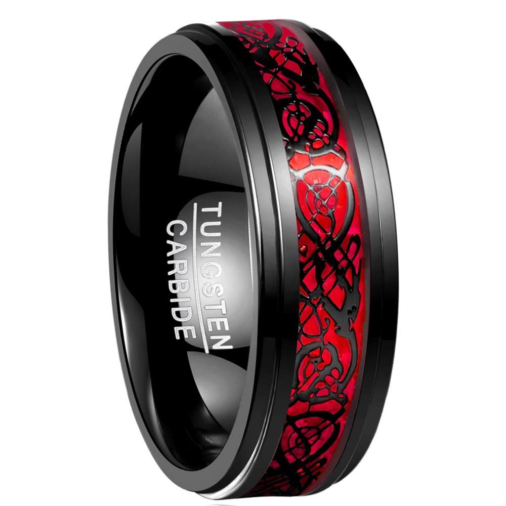 NUNCAD Men's 8mm Black Celtic Dragon Tungsten Carbide Ring Red Imitated Opal Comfort Fit Wedding Band Size X½