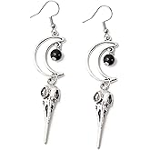 Sacina Gothic Crescent Moon Skull Earrings, Zinc Alloy Moon Bird Skull Pendant Earrings, Goth Jewelry Gift for Women