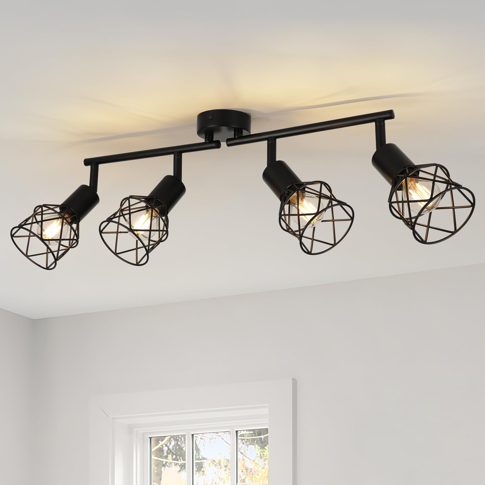FORCOSO Ceiling Lights Spotlight, 4 Way Spot Lights 350°Adjustable, E14 Base Black Light Shade Metal Wire Cage Light Fittings, Industrial Wall Ceiling Lamp for Kitchen Living Room Hallway Bedroom