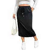 OYOANGLE Women's Plus Size Drawstring High Waisted Straight Midi Skirt Casual A Line Sweat Skirts with Pocket