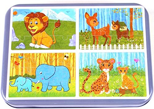 Kingseye 4-in-1 Jigsaw Wooden Puzzles Games Set Animals Style with Storage Box Best Educational Gift for Kids Boys and Girls ( 56 pcs )