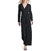 DKNY womens Long Sleeve Surplice Neck Wide Leg Removable Belt Full Length Jumpsuit