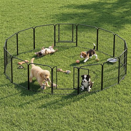 Garvee Dog Playpen 32 Inch 16 Panels Pet Pen with Door & Ground Stakes, Heavy Duty Steel Exercise Fence, Foldable Portable Puppy Playpen for Indoor Outdoor Yard RV Camping, Small Medium Dogs