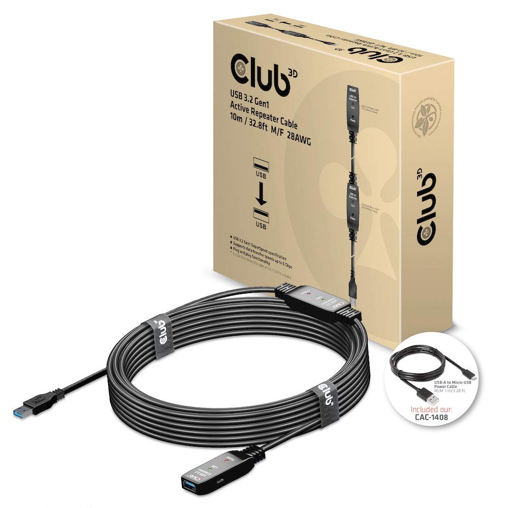 Club 3D USB 3.2 Gen1 Active Extension Cable 10 Metres M/B. 28AWG