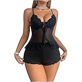 SHENHE Women's Sexy Sheer Lace Mesh Strap Camisole and Shorts 2 Piece Lingerie Pajama Set