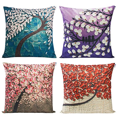 Set of 4 tree oil painting decorative throw pillow cove…