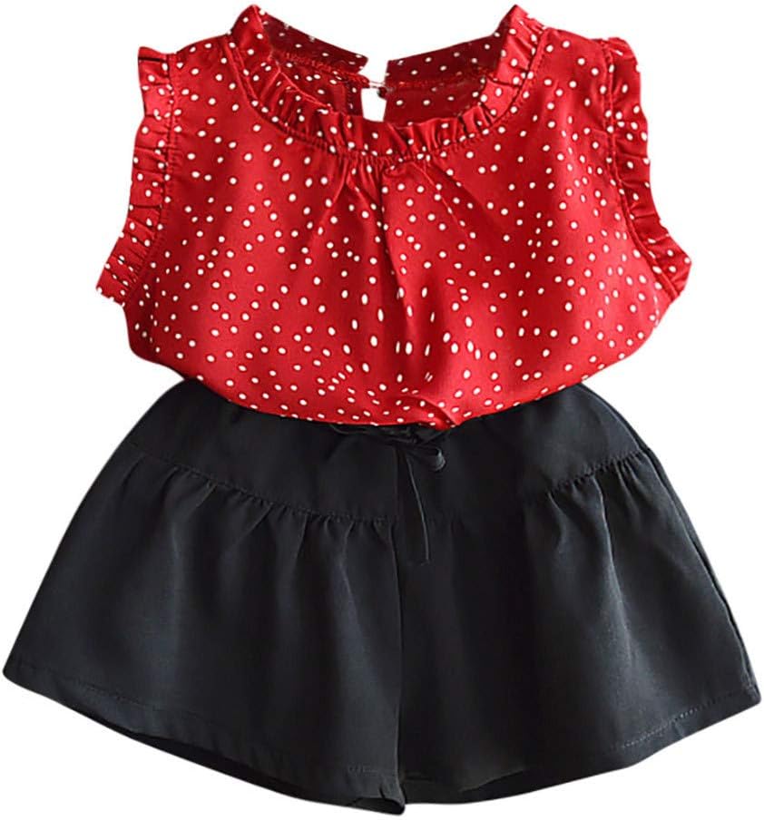 Aimik Kids Baby Summer Outfits, Toddler Baby Kid Girls Sleeveless Dot Ruched T-Shirt Tops Solid Shorts Pants Set Outfits Clothes Set Princess Dress for 2-7 Years (6-7 Years, Red)