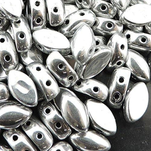Czech Glass IrisDuo Beads, 2-Hole Marquise shape 7mm x 4mm, 9 Grams, Full Labrador Silver