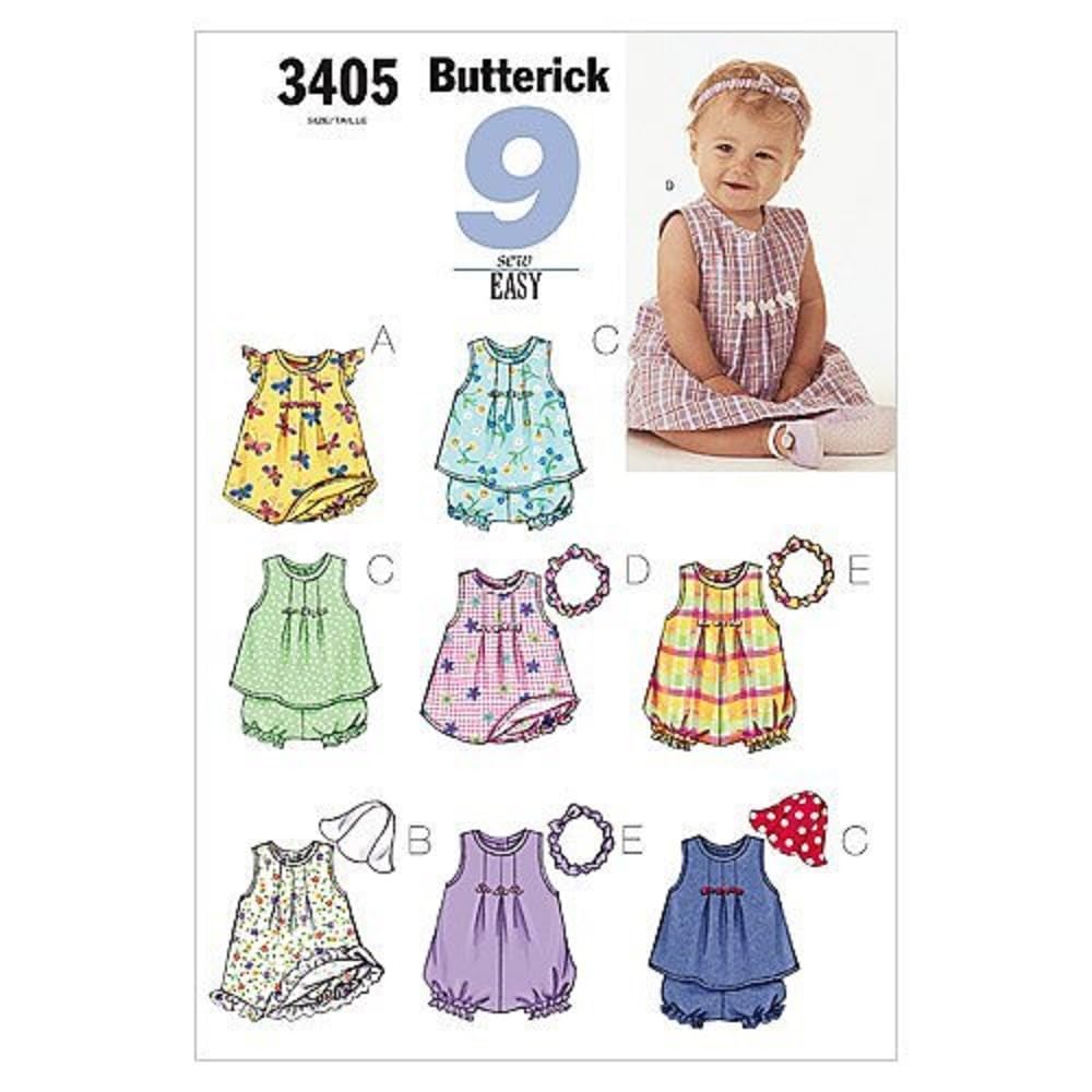 Butterick Patterns B3405 NB-Small-Medium Infants Dress Top Romper Panties/Hat/Headband, Pack of 1, White