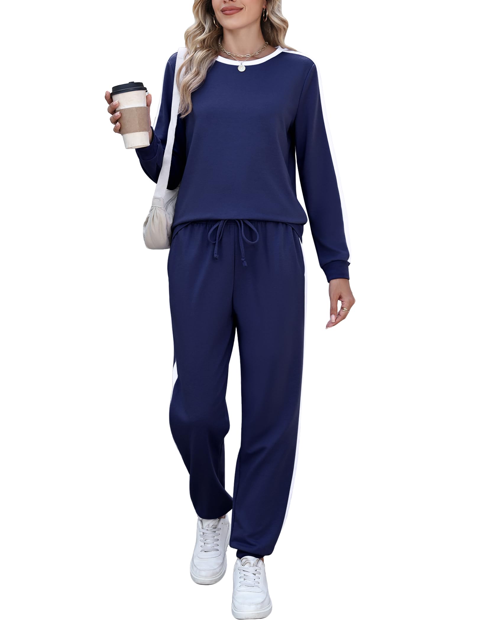 Photo 1 of Marvmys Women Long Sleeve Jogging Set Crew Neck Sweatsuits Color Block Travel Outfits Track Suits Navy Blue L