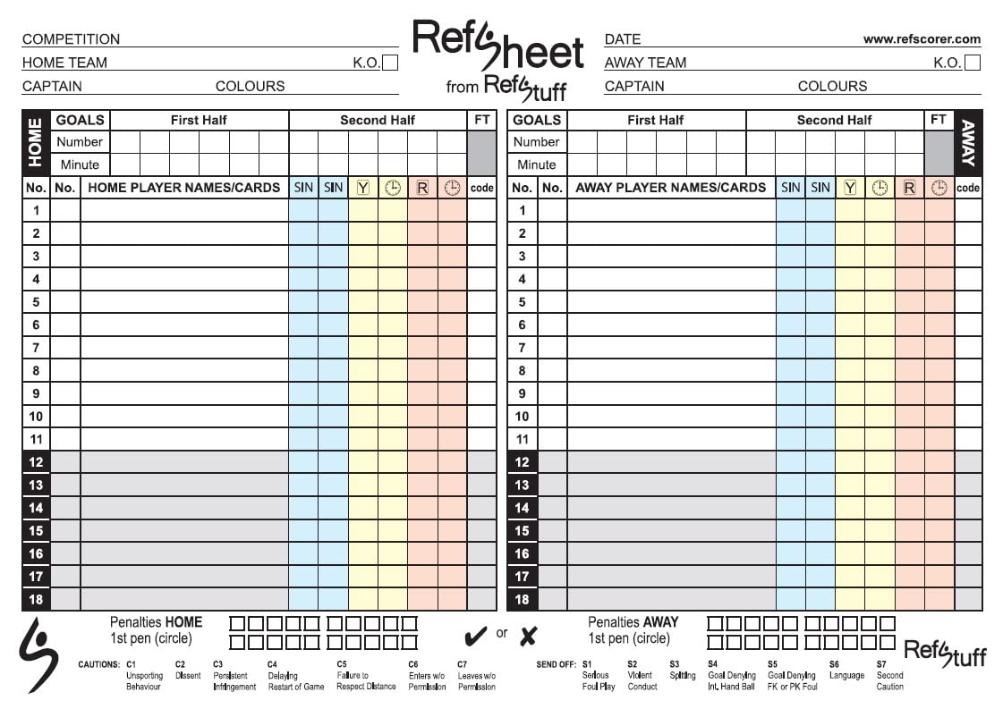 RefSheet (Pack 50) Soccer Referee Match Day Score Sheets