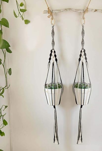 DXYZ Macrame Cotton Dyed Black and Ivory Outdoor/Indoor Plant Hanger [Without Pot] | Rope Flower Pot Holder Planter for Balcony Garden Wall | Home Decor Basket Hanger (2)