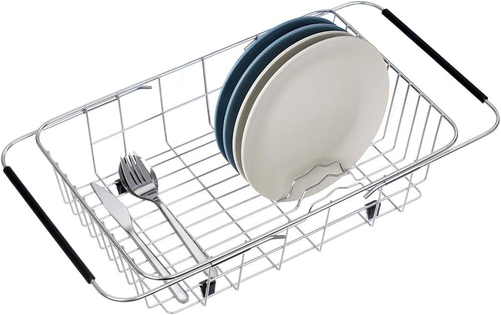 Expandable Dish Drying Rack, Stainless Steel Dish Drainer, Dish Holder in Sink or Countertop with Large & Rustproof