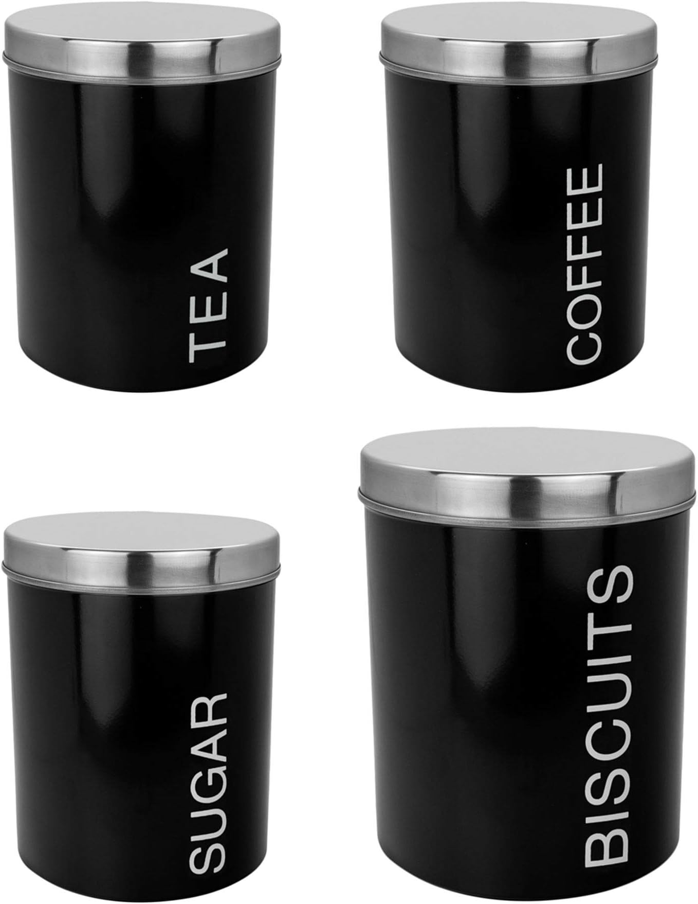 Harbour Housewares 4 Piece Contemporary Kitchen Storage Canister Set - Steel Tea Coffee Sugar Caddy with Rubber Seal - Black