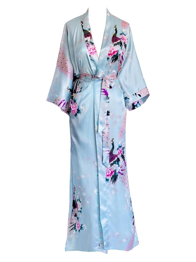 Old Shanghai Women's Kimono Long Robe Peacock & Blossoms Aqua (onseam pocket) at Amazon