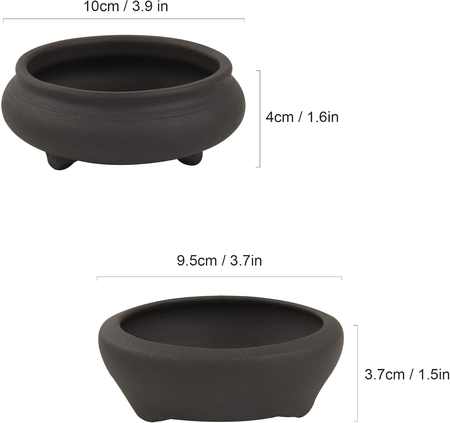 happy bonsai 2 pc 3.7" + 3.9" Unglazed Round Ceramic Succulent Planter Pot Set, Black, 3.7+3.9 Inch - Image 3