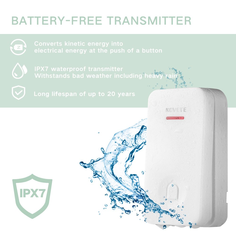 NOVETE Ecody Wireless Doorbell with LED Light, Door Chime Kit w/ Kinetic Self Powered (No Battery Required) and IP7 Waterproof Weatherproof (Immersible in water) Transmitter