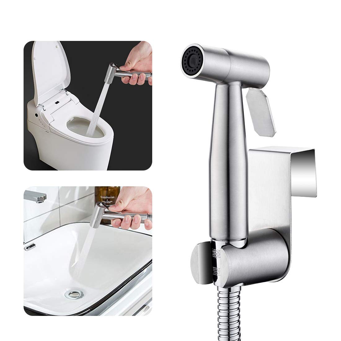 LIKAMU Stainless Steel Handheld Bidet, Bushed Nickle Hand Held Bidet Sprayer Cloth Diaper Sprayer Kits for Toilet, Bathroom, Kitchen