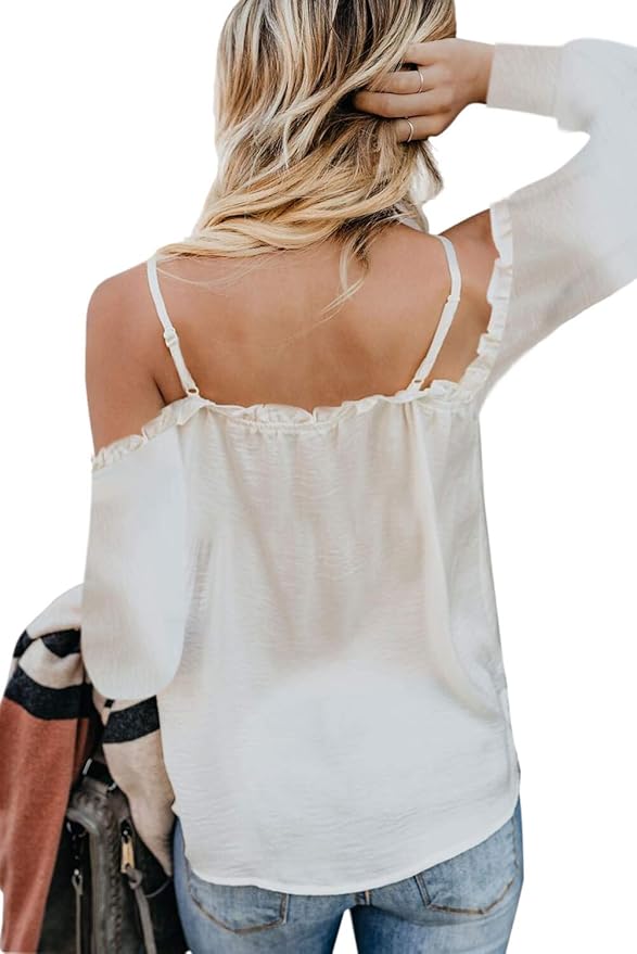 Hermosa North White Ruffle V Neck Off Shoulder Spaghetti Strap Shirt at Amazon Womenâs Clothing 
