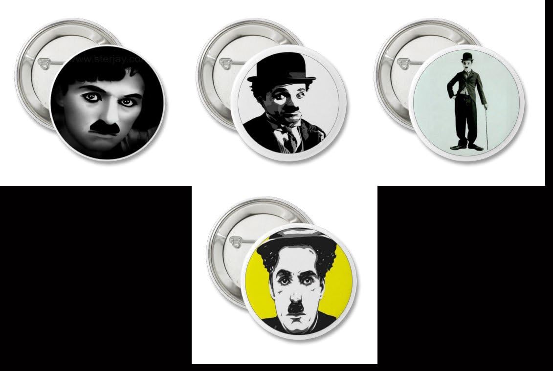 Charlie Chaplin 1 inch & 1 1/2 inch Size Button/Pin 8 Collection Set