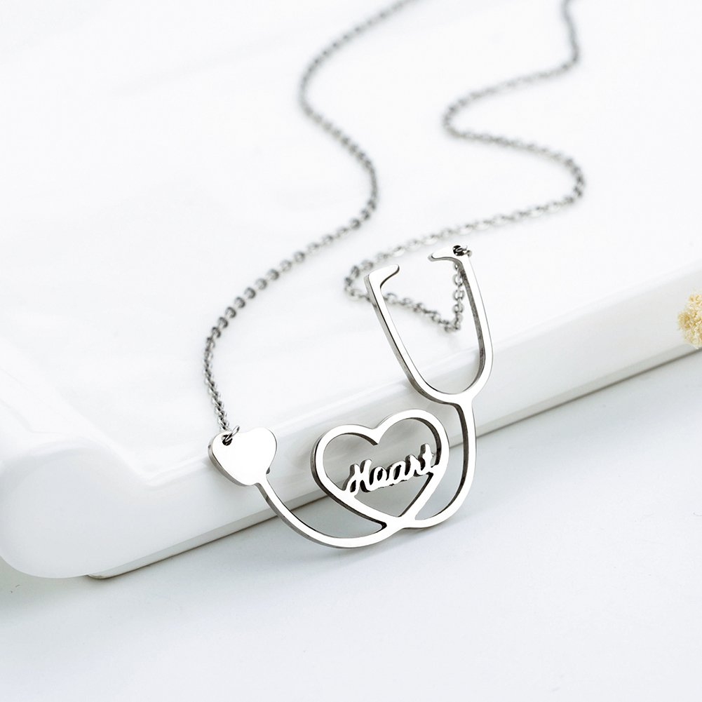 Medical Stethoscope Chain Necklace Stainless Steel Nurse Doctor Medical Stethoscope Jewelry Female Heart I Love You (Sliver)