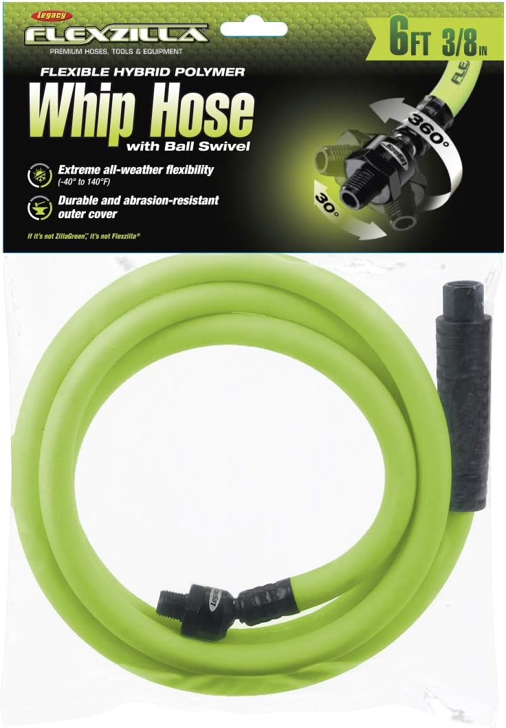 Flexzilla Ball Swivel Whip Air Hose, 3/8 in. x 4 ft. (1/4 in. MNPT Ball Swivel x 1/4 in. FNPT Ends), Heavy Duty, Lightweight, Hybrid, ZillaGreen - HFZ3804YW2B: Automotive