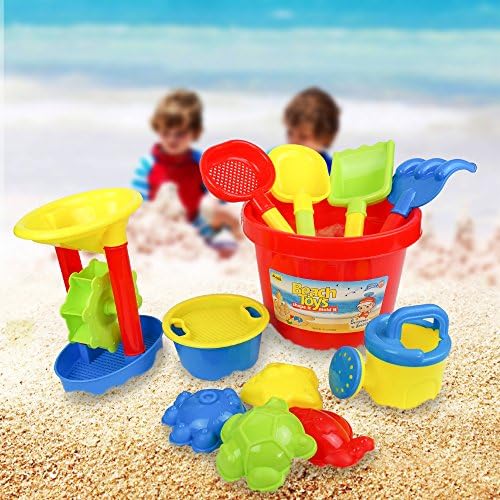 Reppin 12-Piece Beach Toy Set for Kids with Spinning Sand Wheel | Includes Bucket, Shovel, Sifter, Rake, Watering Can & Molds | Convenient Net Bag | Non-Toxic Sand Play Kit for Boys & Girls