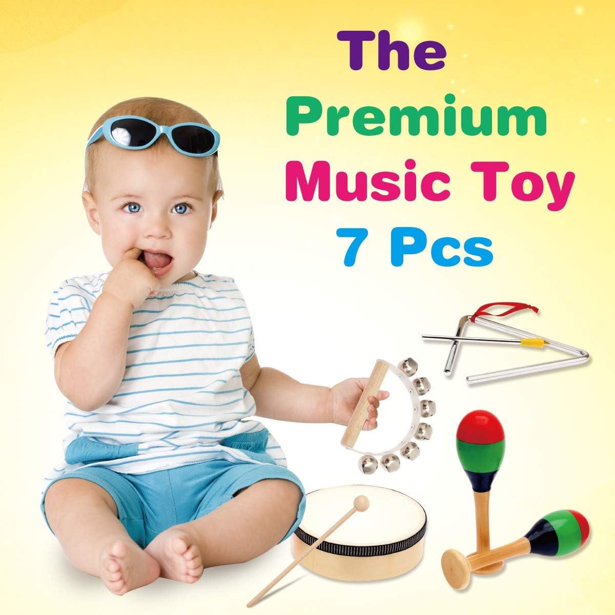 MUSICUBE 7 Pcs Kids Wood Musical Instruments, Percussion Set with Drums for Kids Children Musical Toys for School, Music Center: Toys & Games