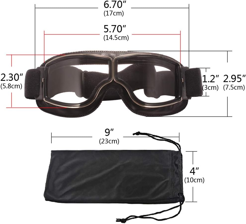 Ashilun Retro Pilot Motorcycle Goggles - Fog-proof Warm ATV Bike Motocross Glasses - Safety Goggles (Black Frame/Transparent Lens) - Image 3