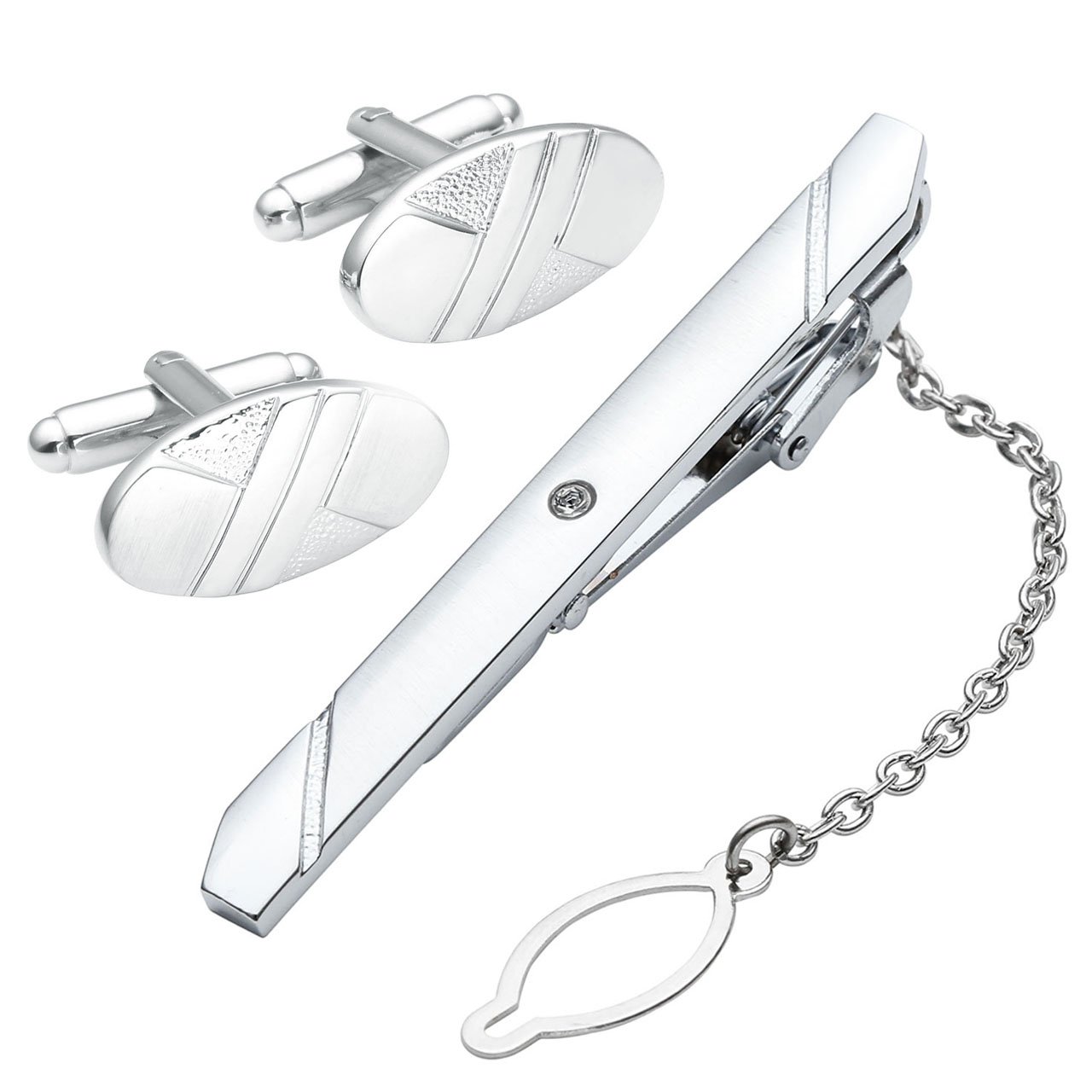 PiercingJ - Paire Boutons De Manchette + Epingle Pinces a Cravate avec Chaîne Strass Chemise Clip Tie Mariage Business Acier Inoxydable Elegant Delicat Cadeau Classique Homme - Type#02