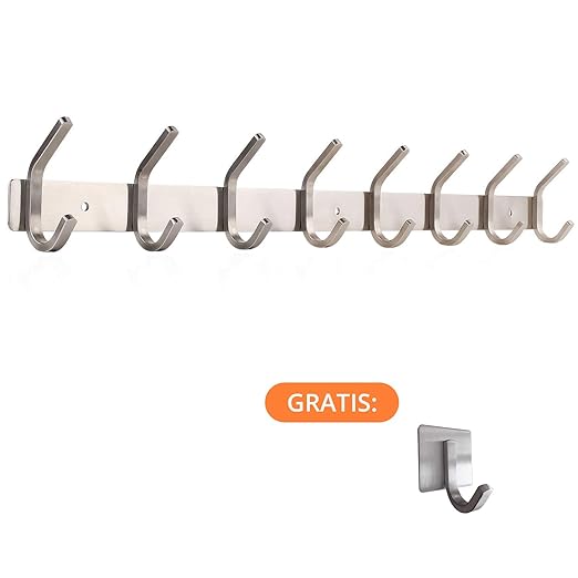 Hakenleiste Wand-Garderobe Kleiderhaken Garderobenleiste Rostfrei Edelstahl – hält bis zu 30 kg – 8 feste Haken + 1 selbstkle